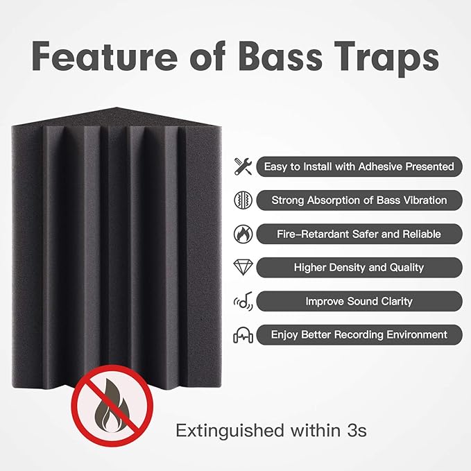 8 Pack - Bass Traps Acoustic Foam Corner, 8''x8''x12'' Black Bass Traps Corner Studio Foam, High Density and Fire-Proof Bass Traps Acoustic Panels Recording Studio Acoustical Treatments