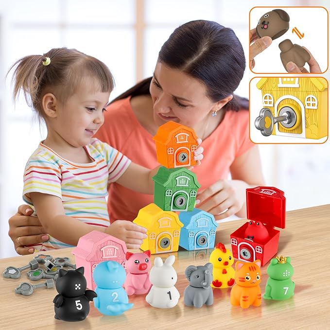 Toddler Learning Farm Barn Animals Toys - Includes 10 Animals, 10 Barns,10 Keys - Montessori Counting, Matching, Sorting - Educational Farm Animal Toys for Kids