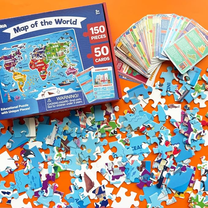 QUOKKA Puzzles for Kids Ages 4-6 - 150 Pcs Floor Puzzles World Map for Kids Ages 4-8 Preschool Activities - Includes 50 Cards with 400+ World Facts - Continent-Shaped Jigsaw Puzzle Gift for Girls Boys