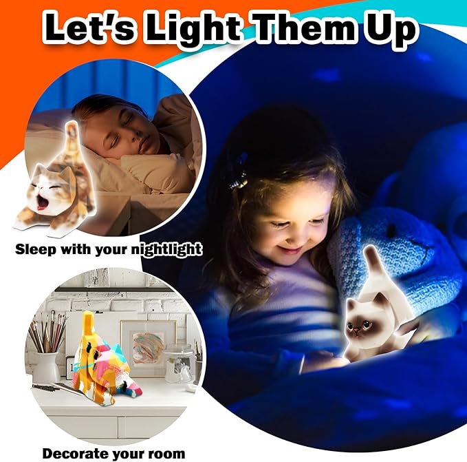 FUNZBO 4.3in Paint Your Own Cat Lamp Kit- Arts and Crafts Supplies Painting Set for Kids Teens, DIY Night Light Toy for Toddlers Girls Boys Age 3 4 5 6 7 8 9 10 11 12 13 +