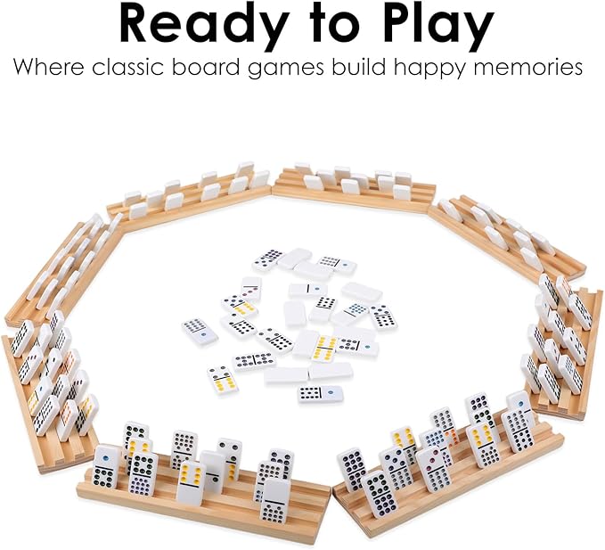 Mexican Train Dominoes Set Double 12 Colored Dot Dominos with 8 Wooden Racks & 91 Tiles Portable Travel Case Classic Family Board Game Cognitive Strategy Game for Adults Kids