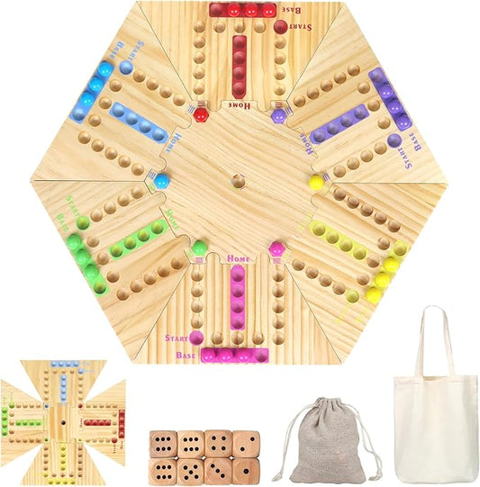 Original Marble Game, Detachable Wooden Board Game for 2-6 Players, Portable Fast Track Board Game with 32 Marbles and 8 Dice for Family Friends, Party Game Night-16 Inch