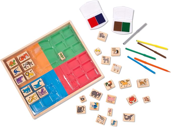 Melissa & Doug Deluxe Wooden Stamp Set: Animals - 30 Stamps, 6 Markers, 2 Stamp Pads