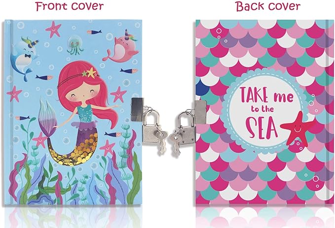 GINMLYDA Girls Diary with Lock for Kids, Mermaid Diaries 7.1x5.3 160 Pages Cute Girl Journal Secret Notebook with Lock and Key for Little Kid Writing Drawing Gift for Pre school Age 6,8,12