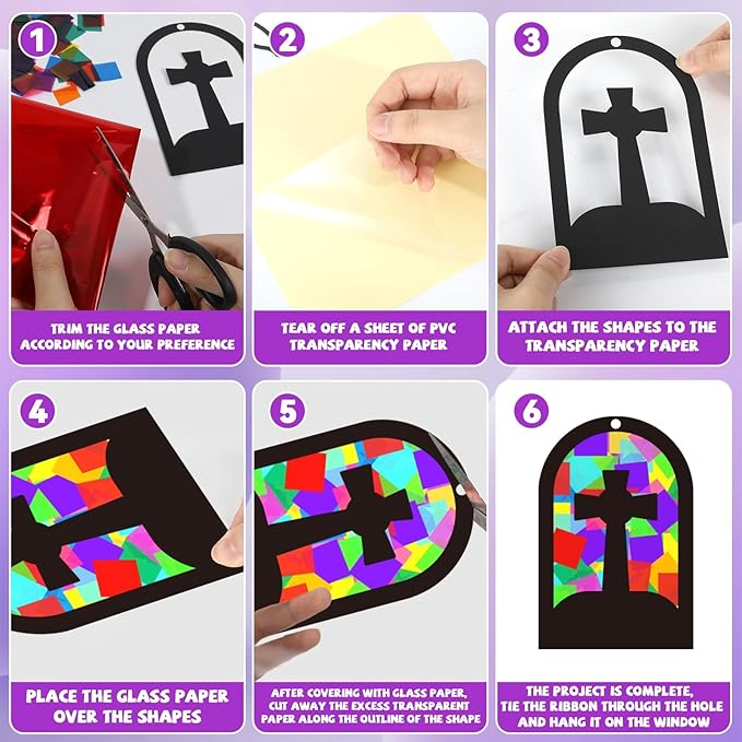 QOUBAI 32 Sets Cross Suncatchers Crafts DIY Window Stained Glass Effect Christian Religious VBS Paper Craft Home Sunday School Classroom Decoration Kid Birthday Gift Creative Art Project Activity Game