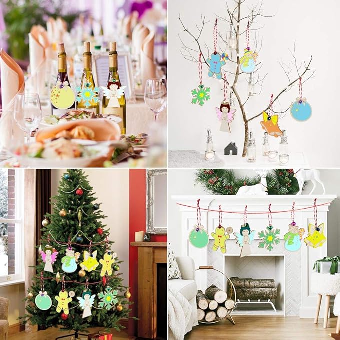 48PCS Christmas Crafts for Kids, Wooden Christmas Ornaments Unfinished Wood Slices with 6 Styles, DIY Christmas Ornaments Kits for Christmas Tree Holiday Hanging Decorations