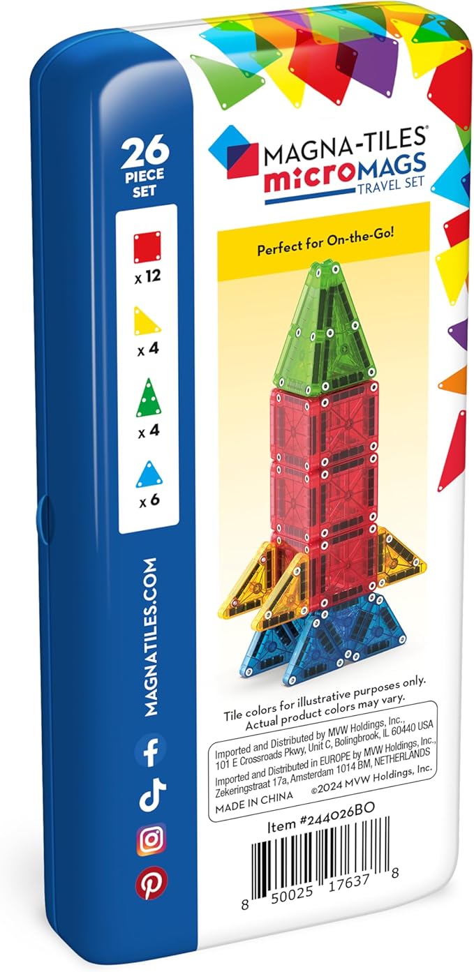 MAGNA-TILES microMAGS 26-Piece Travel Magnetic Construction Set – Bold Colors, The Original Magnetic Building Brand
