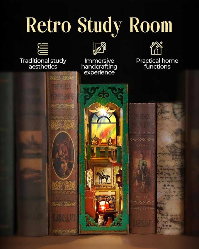 Book Nook Kit,Vintage Library Miniature House Kit for Teens and Adults with LED Lights,3D Wooden Puzzle Tiny House Booknook Bookend Bookshelf Decor Model Build.(Vintage Bookstore
