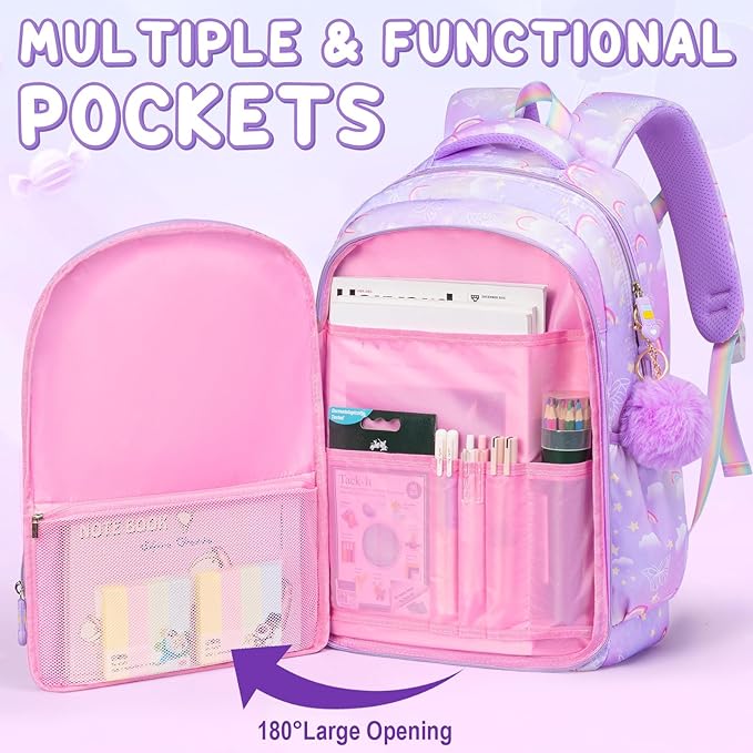 Fimibuke Kids Backpack for Girls, 3PCS Rainbow & Butterflies Teen Girls Backpack with Lunch Box Pencil Case, Cute Purple Bookbag School Bag for Kindergarten Elementary Middle School Student Ages 5+