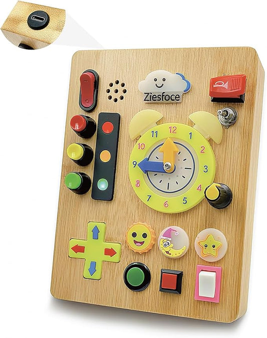 Montessori Toddler Busy Board, Wooden Rechargeable Sensory Board Educational Toy with LED Light Switches, Travel Toys Gifts for 1 2 3+ Year Old Toddlers Boys and Girls (Type-C Charging)