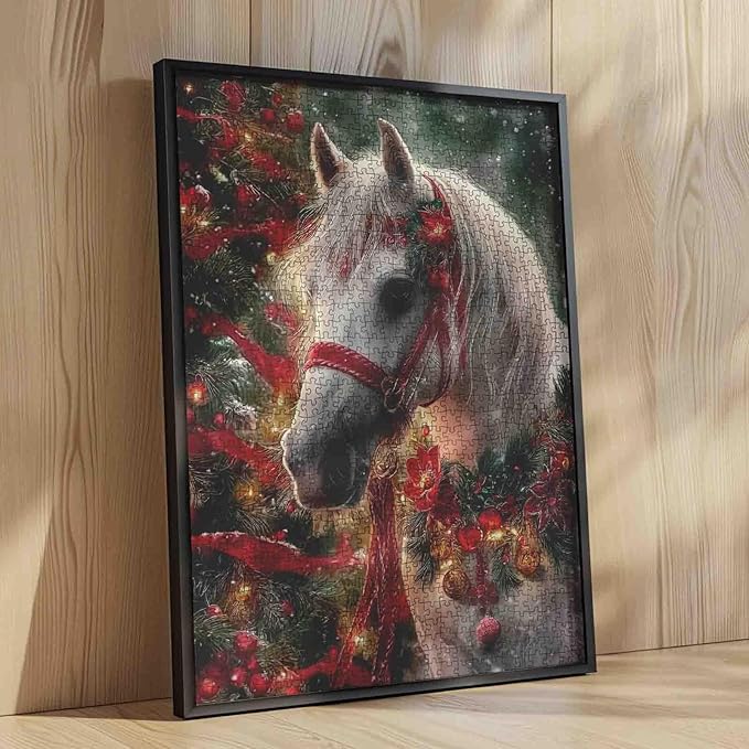 Christmas Animal 1000 Piece Jigsaw Puzzles for Adult White Horse with Red Poinsettia Painting Jigsaw Puzzle 1000 Christmas Tree Puzzles 20''x27”inch DIY Craft Puzzle Art Wall Decor Family Challenging