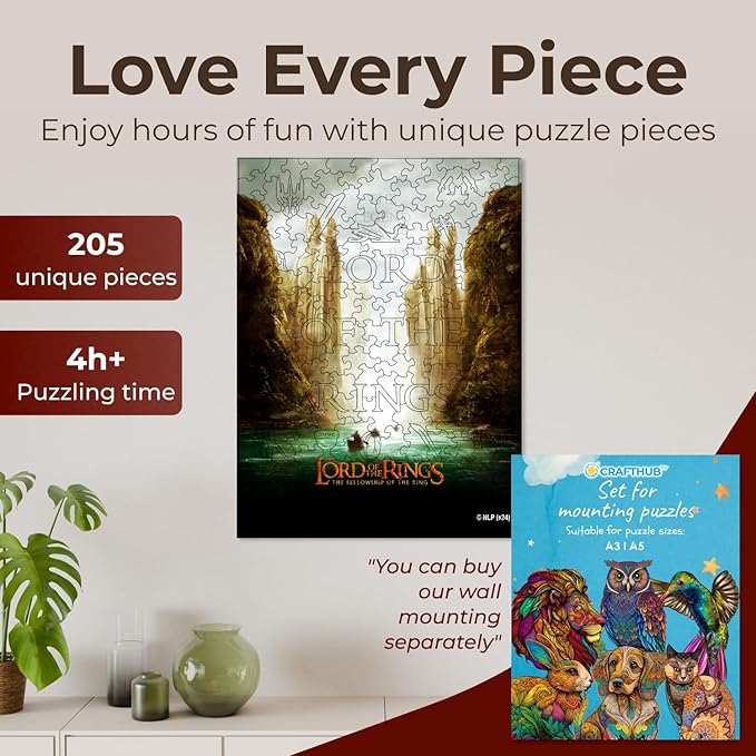 Crafthub Lord of The Rings Wooden Puzzles for Adults – A3 Size with 208 Pieces Wood Puzzles – The Gates of Argonath – Jigsaw Puzzles with Unique Shapes – 14.3" x 10.7"