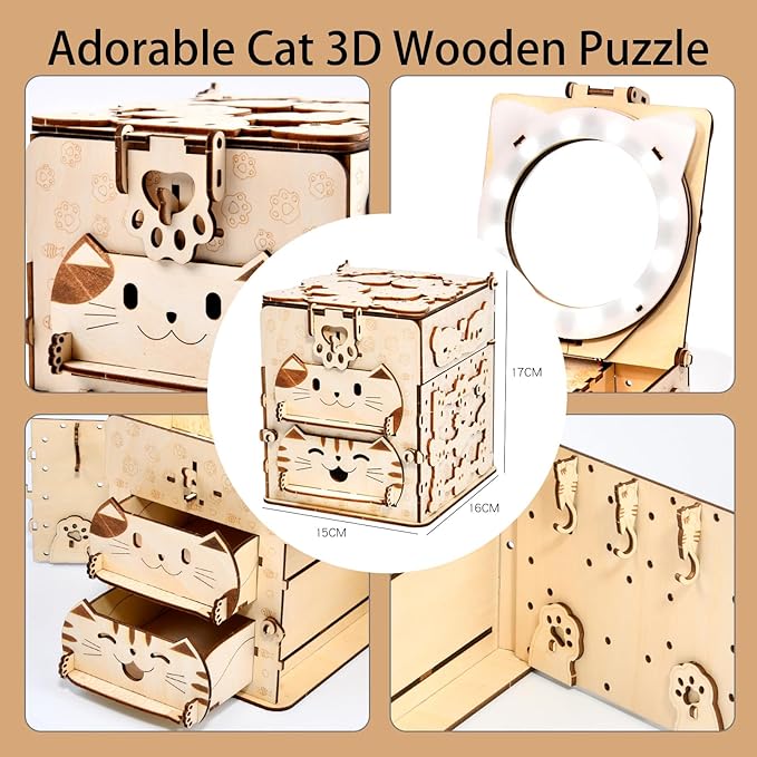 3D Wooden Puzzles for Adults: DIY Jewelry Box with Mirror, Cat Model Craft Kit, Creative Gift for Women Men Birthday Christmas Home Decor and Storage