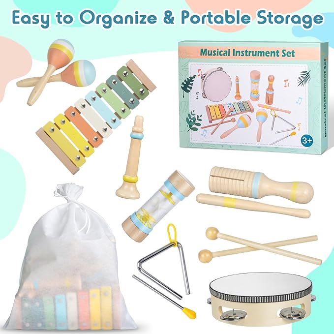 Toddler Musical Instruments Set, Wooden Montessori Toys for 1 2 3 Year Old Boys Girls, Baby Musical Toys with Storage Bag for Early Learning, Christmas Birthday Gift for Kids Preschool Educational