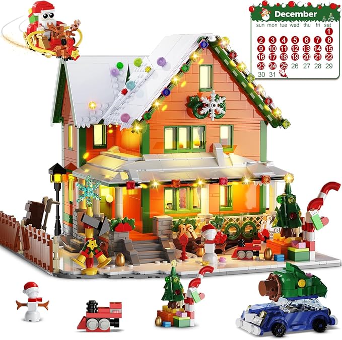 Advent Calendar 2025 Christmas House Mini Building Set with Light, 24 Days Countdown Snow Village Building Block Kit with Santa Claus Sleigh, Holiday Building Toy Gift for Adults Boys Girls 14+