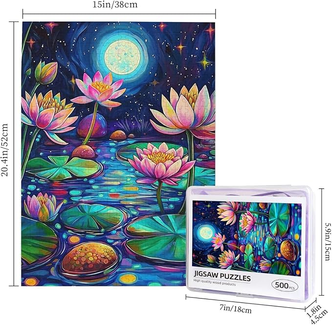 Waterlilies by Moonlight 500 Piece Jigsaw Puzzle for Adults Waterlilies by Starry Night 500 Piece Jigsaw Puzzle Waterlily 500 Pieces Stained Glass Puzzle Stained Glass Puzzle with Flowers