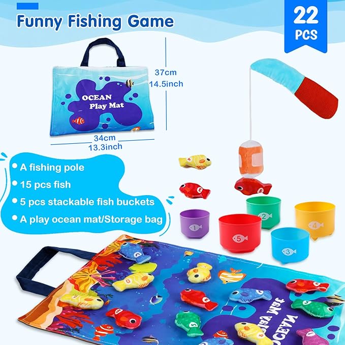 Montessori Toys for 1-2 Year Old - Toddler Fishing Game with Stacking Cups, Baby Toy 12-18 Months One Year Old Boy Girl Birthday Gift to Learn Count, Sort Colors and Shapes