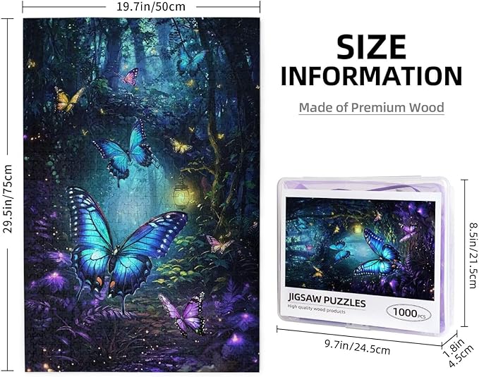 Butterfly Puzzle 1000 Pieces，Fantasy Magical Forest Puzzles 1000 Pieces, Glow Art Jigsaw Puzzles Butterflys,Fantasy Colorful Butterfly Insect Puzzle Puzzles As Family Game