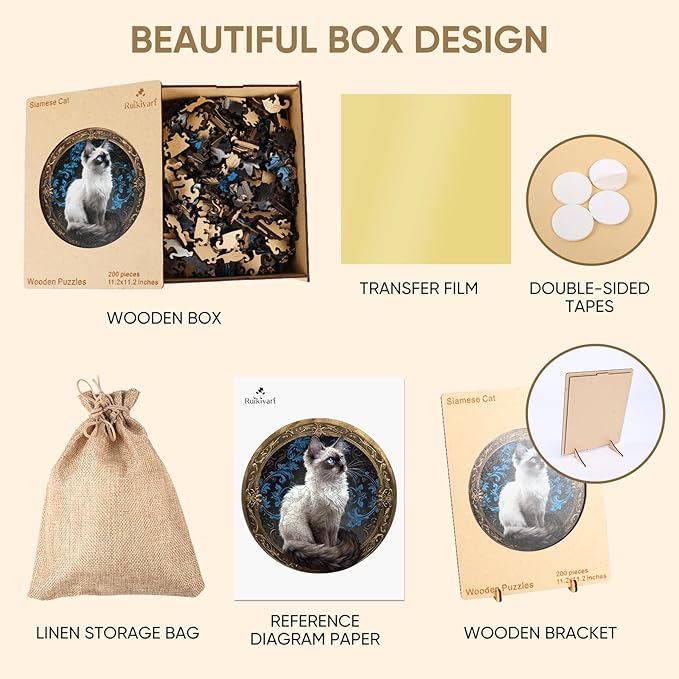 Ruikiyart Wooden Puzzles for Adults, 5MM 500 Pieces Siamese Cat Jigsaw Puzzles, Unique Shapes Pieces Gift for Kids and Adults on Birthday, Thanksgiving, Christmas (16.7"x16.7")