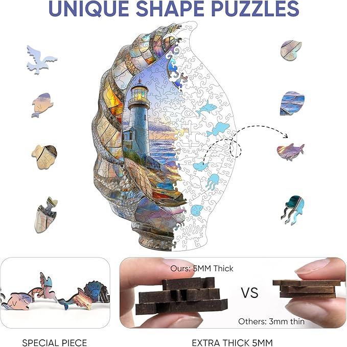 delobil Wooden Puzzles for Adults, Shell Landscape Jigsaw Puzzles 500 Pieces, Unique Shape Puzzles for Adults and Kids, 19.8 x 12.5 Inches Medium Size, Fun Challenging Puzzles Family Game