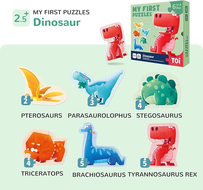 Toi 6 Packs Large Piece Toddler Jigsaw Puzzles for Kids Aged 2.5+, Animal Shaped Floor Puzzles for Beginner, Preschool Learning Game for Boys Girls, Dinosaur