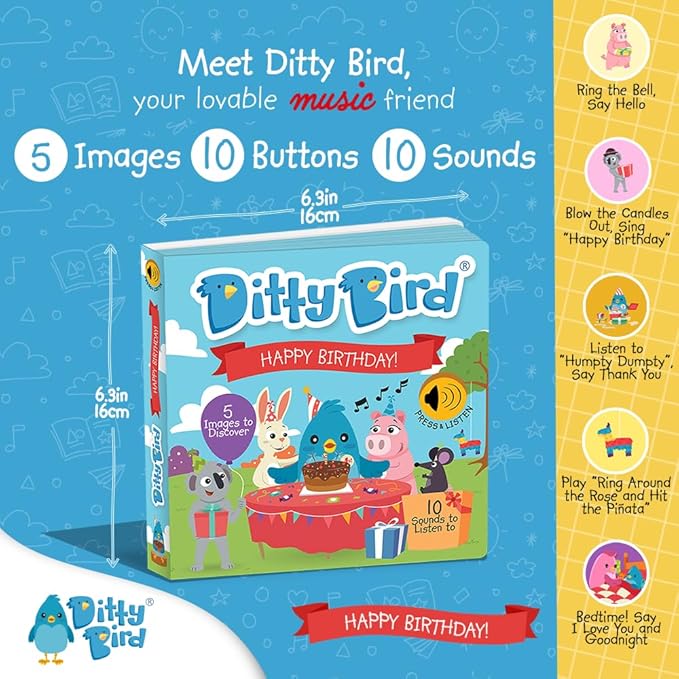 Ditty Bird Musical Books for Toddlers | Happy Birthday Song Board Books for Toddlers 1-3 | Interactive Toddler Book Gifts for Special Day & Celebrations