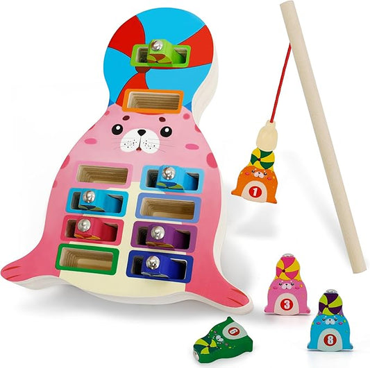 Wooden Magnetic Fishing Game, Seal Magnetic Fishing Toy for Kids 3-5, Montessori Preschool Education Learning Color Sorting Fine Motor Skill for Toddlers