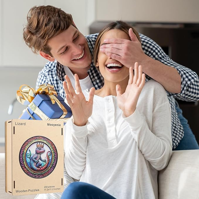 Wooden Jigsaw Puzzle, 200 Pcs Unique 3D Shape Jigsaw Puzzles, Wood Puzzle Gift Box Packing, Medium Size Letter, Creative Gift for Adults and Kids, Fun Challenging (200PCS, Chameleon)