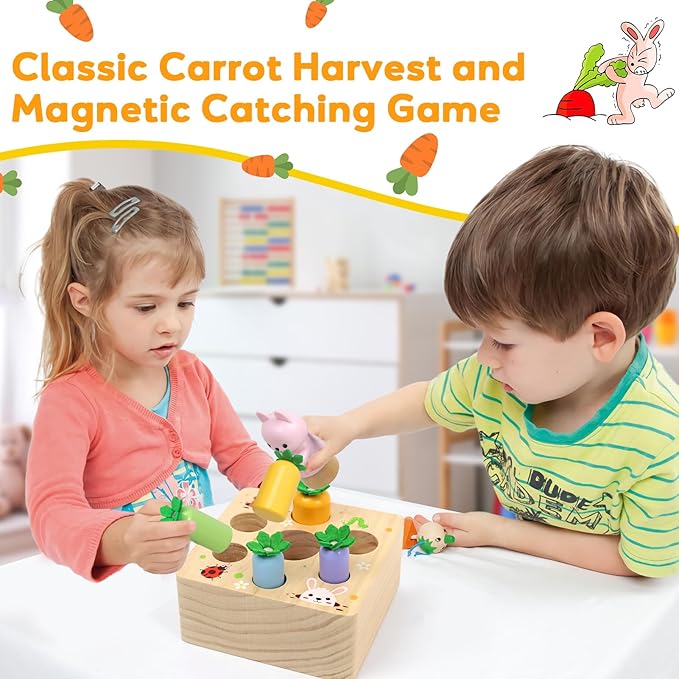 XPIY Montessori Toys for 1 Year Old, Carrots Harvest Wooden Baby Toys for 6-12 Months Educational Shape Sorting Matching Toys Fine Motor Skill, Gift for Kids Easter (Bouncing Carrots)