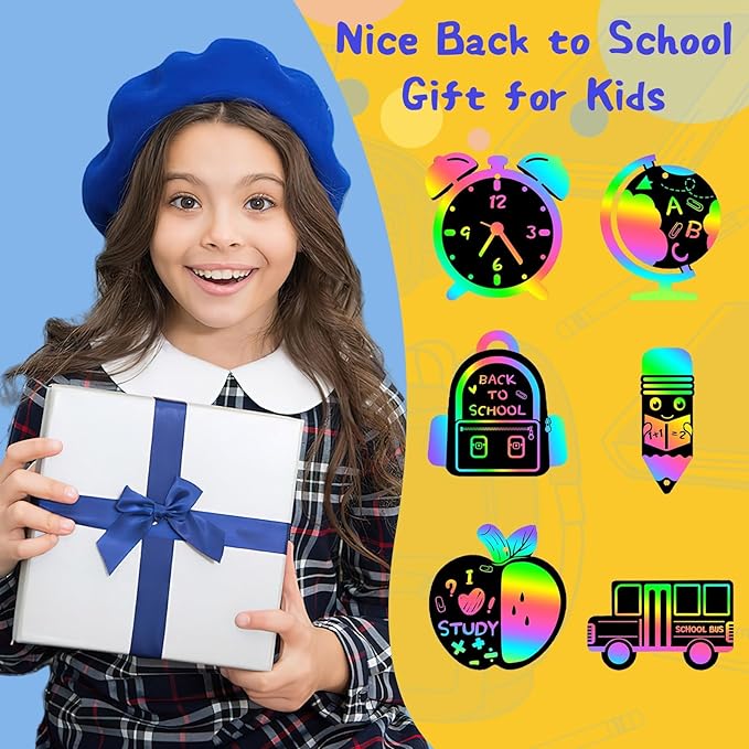 JULMELON 36 PCS Welcome Back to School Scratch Art for Kids, Rainbow Magic Paper Cards, First Day Gifts for Students, Classroom DIY Crafts Party Favors