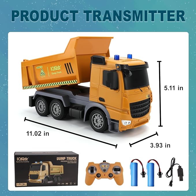 Remote Control Dump Truck Toys - RC Construction Vehicles with Blue Warning Lights, Trucks Toy for Boys Girls 3 4 5-7 8 9 10 Year Old and Up, Best Birthday Gift Ideas for Kids Age 5-10