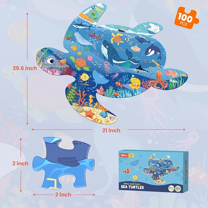 ELX 100 Piece Sea Turtle Jigsaw Puzzle for Kids Ages 4-10, Seaworld Animal Shaped Floor Puzzle Preschool Learning, Educational Learning Toys for Kid Boys Girls Ages 4 5 6 7 8 (21.42 X 16.42 in)