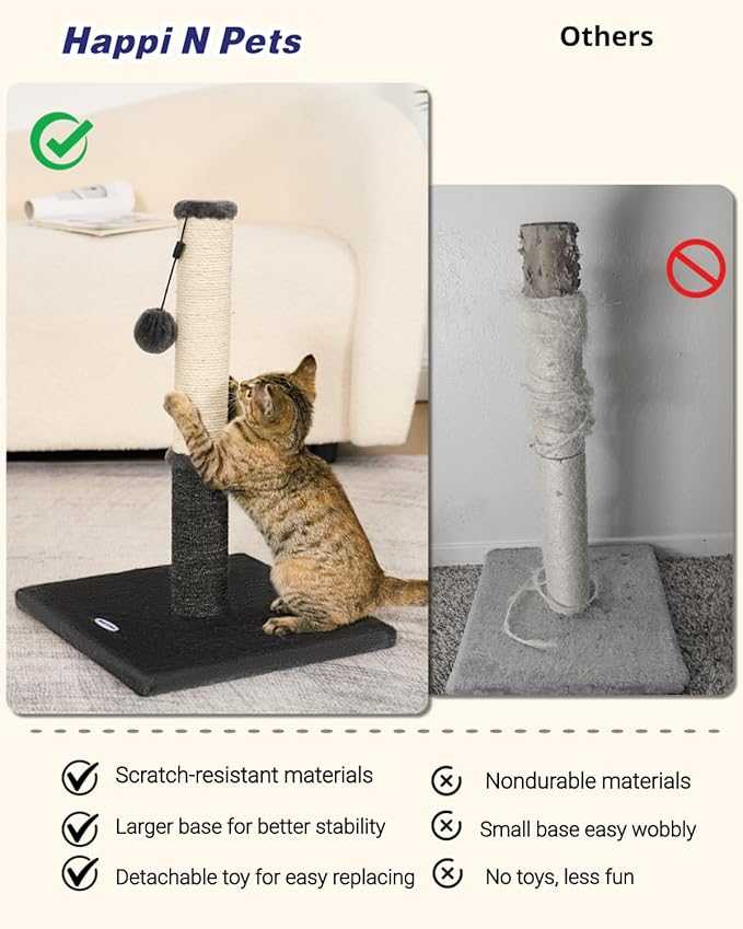 Happi N Pets Cat Scratching Post, Cat Scratcher for Indoor Cats, Sisal Scratching Post & Carpet Post in One, Stable Kitten Scratching Post with Replaceable Toy, Extra Free Toy, Smokey Gray