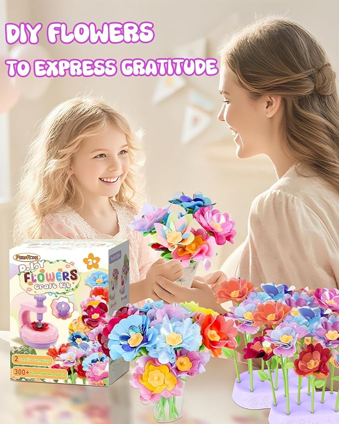 PERRYHOME Fabric Flower Bouquets Toys, 300+ Pcs DIY Flower Crafts for Kids, 2 Gameplays Educational Arts & Crafts Toy, Thanksgiving Birthday and Christmas Gift for 3 4 5 6 7 8 Years Toddler Girl