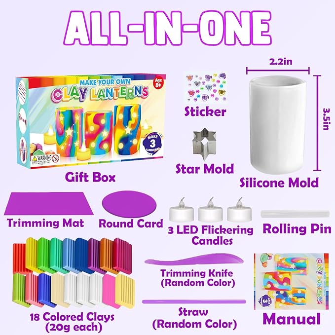 Make Your Own Clay Luminaries - Light-up DIY Clay Lanterns Making Kit Activity for Boys Girls and Teens Age 8 9 10 11 12 Year Old and up, Arts and Crafts Clay Lantern Toys for Kids Ages 8-12
