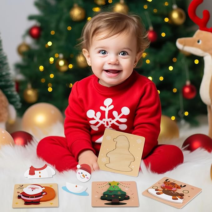 Christmas Wooden Puzzles for Toddlers, Baby Jigsaw Puzzles for 1 2 3 Years-Old Boys and Girls, Set of 4 Montessori Toys with Large Pieces Safe for Kids