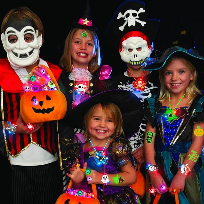 84 PCS Halloween Party Favors for Kids, Halloween Glow in The Dark Toys Bulk Light Up Necklace Bracelet LED Rings Halloween Goodie Bag Fillers Treats for Classroom Prizes Trick or Treat Gifts Game