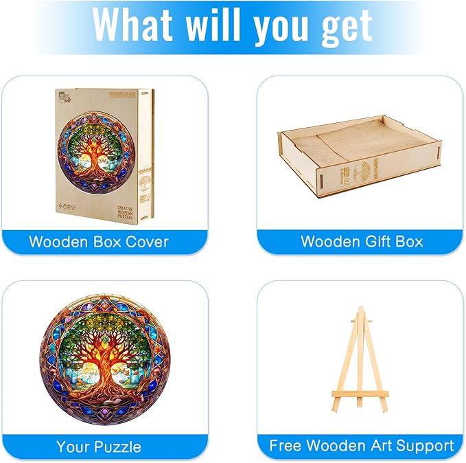 Wooden Puzzles for Adults - Stained Glass Tree of Life Wooden Jigsaw Puzzle for Adults – Unique 200-Piece Art Puzzle, Premium Brain Teaser & Decorative Gift (11.4"x11.4")