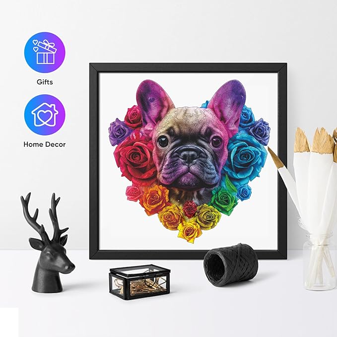 Ruikiyart Wooden Puzzles for Adults, 5MM 200 Pieces Love Bulldog Wooden Jigsaw Puzzles, Unique Shapes Pieces Dog Puzzle Gift for Kids and Adults on Birthday,Thanksgiving,Christmas (11.2" x 11.3")