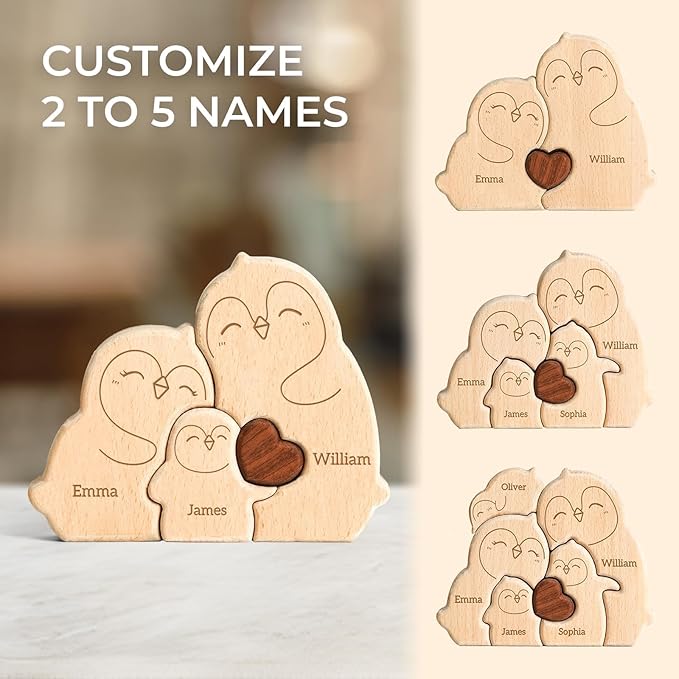 Wooden Penguin Family Puzzle, Personalized Puzzles with 2-5 Names, Fathers Day Birthday Personalized Gifts for Kids Boys Girls Mom Dad Grandma, Christmas Thanksgiving Decorations