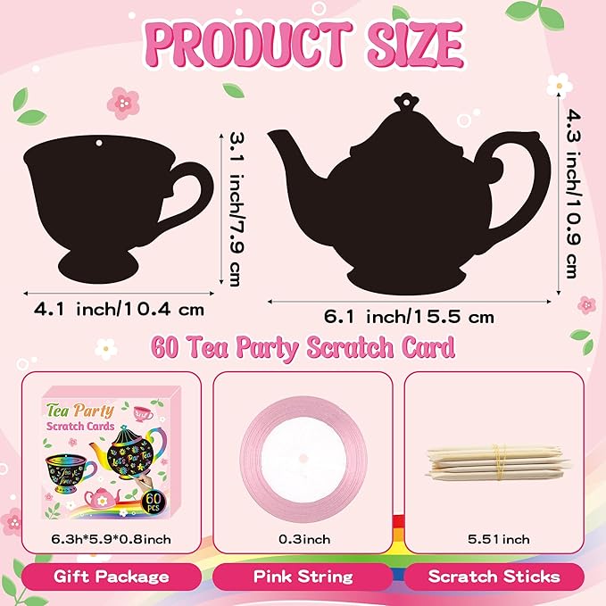 CY2SIDE Tea Party Scratch Cards - 60PCS DIY Floral Tea Cup and Teapot Scratch Paper Art for Kids School Activity, Let’s PARTEA Magic Art Rainbow Color Craft Ornament for Baby Shower Wedding Decoration