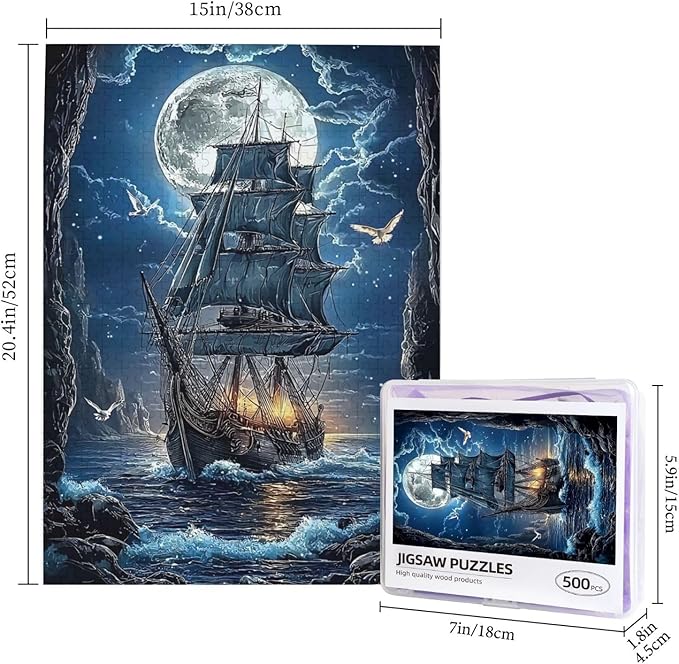 Sailboat Jigsaw Puzzles 500 Pieces，Moon Sailboat Jigsaw Puzzles Moonlit Voyage 500 Piece，Ocean Sea Sailing Ship Puzzles，Fantasy Puzzles for Friends Family Activity Game Nights Gifts