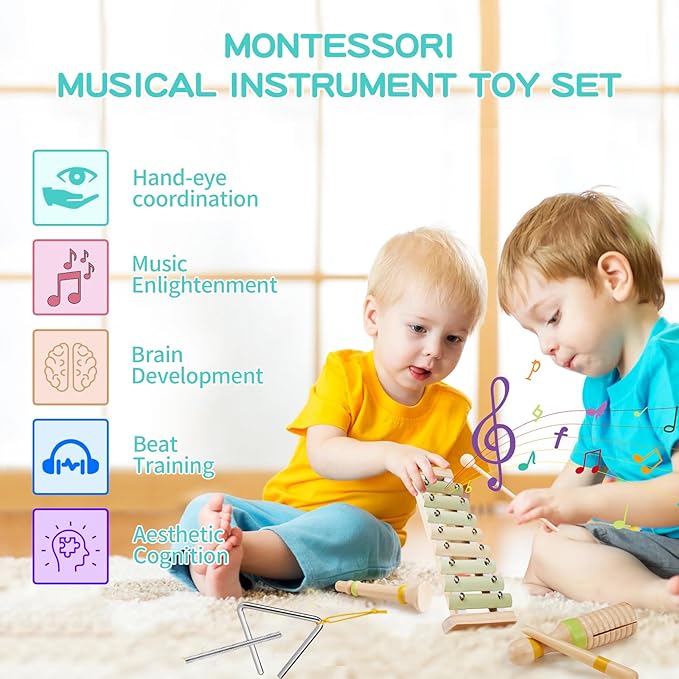Baby Musical Instruments Set Montessori Wooden Toy for Toddlers 3 Percussion Music Xylophone for Kids Preschool Learning Resource Christmas Birthday Gifts for Boys Girls Aged 3 4 5 (Green)