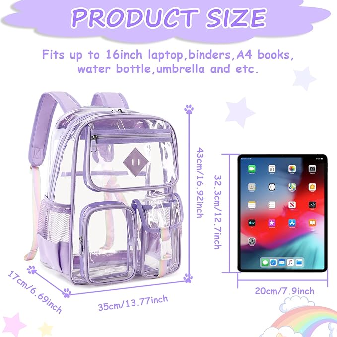 Clear Backpack for School,Heavy Duty PVC Transparent Bookbag for Girls Stadium Approved See Through Backpack