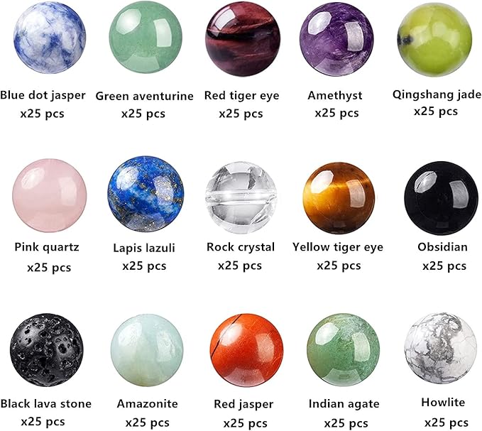 375pcs 8mm Polished Natural Stone Beads Crystals Round Genuine Real Stone Beading Loose Gemstone DIY for Bracelet Necklace Earrings(8mm,15 Color Mix-S2)