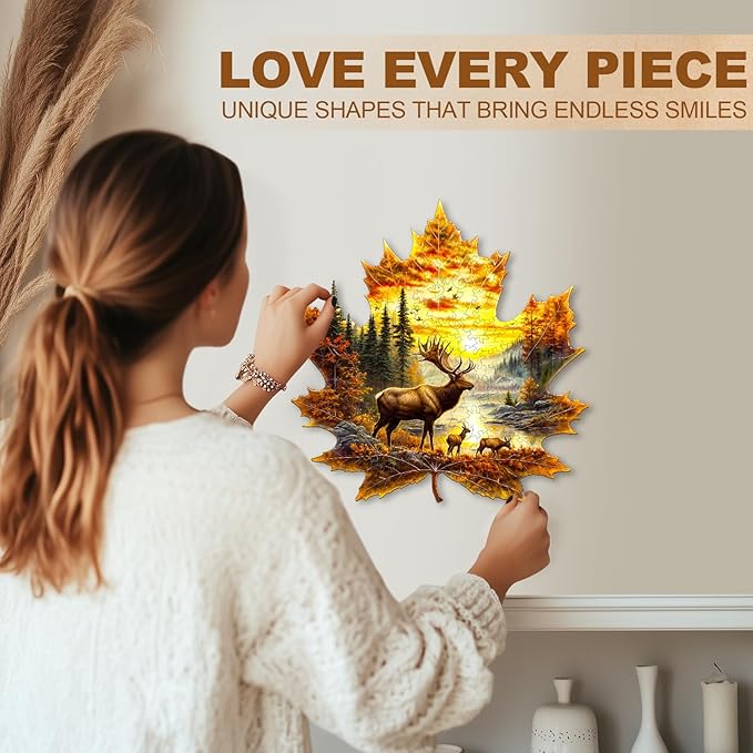 WOODBESTS Wooden Puzzles for Adults-Elk & Maple Leaves, 100 Pieces Wood Puzzle (S-8.5 * 8.3in), Premium Art Shape Wooden Animal Jigsaw Puzzles, for Men/Women & Family Game Night