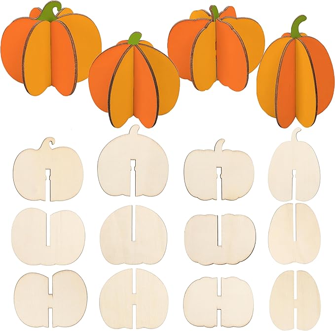 DIY 3D Pumpkins Wood Crafts to Paint, Unfinished Wooden Pumpkin Cutout Thanksgiving Fall Crafts, Autumn Harvest Thanksgiving Halloween Ornaments for Painting Decorations (24 PCS)