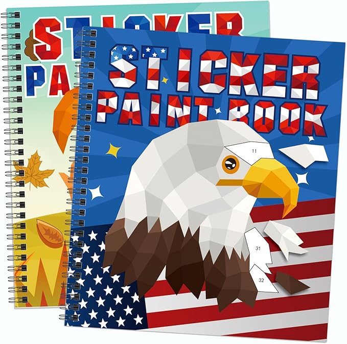 Omgouue 2PCS 4th of July Patriotic Crafts for Kids Ages 4-8 Sticker Paint Books Gift Party Create 20 Pictures（Sticker Sheets are Separate）