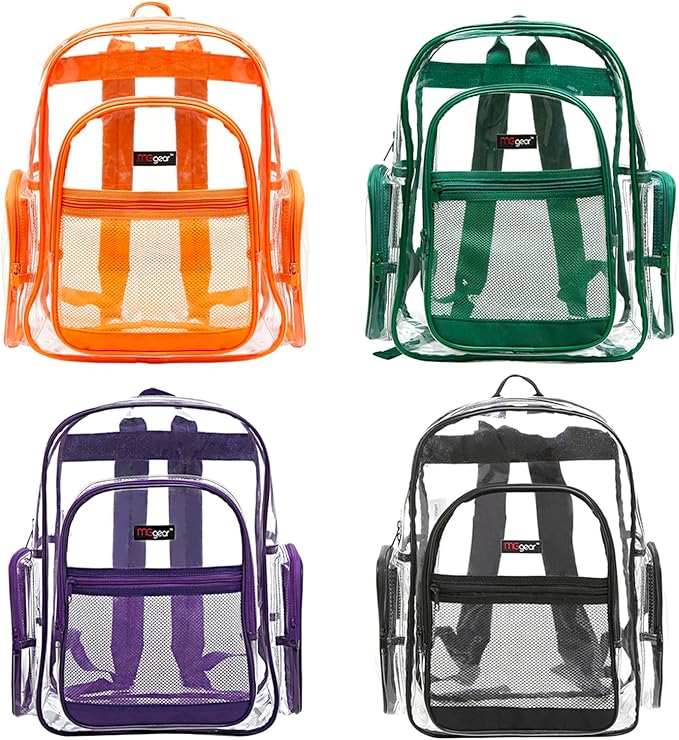 Wholesale 20-Pack Bulk Case Clear PVC Backpacks Bundle includes Black, Orange, Purple, and Green Trim, 17" Transparent School Approved Backpack, Daypack, Stadium Bag, Bookbag