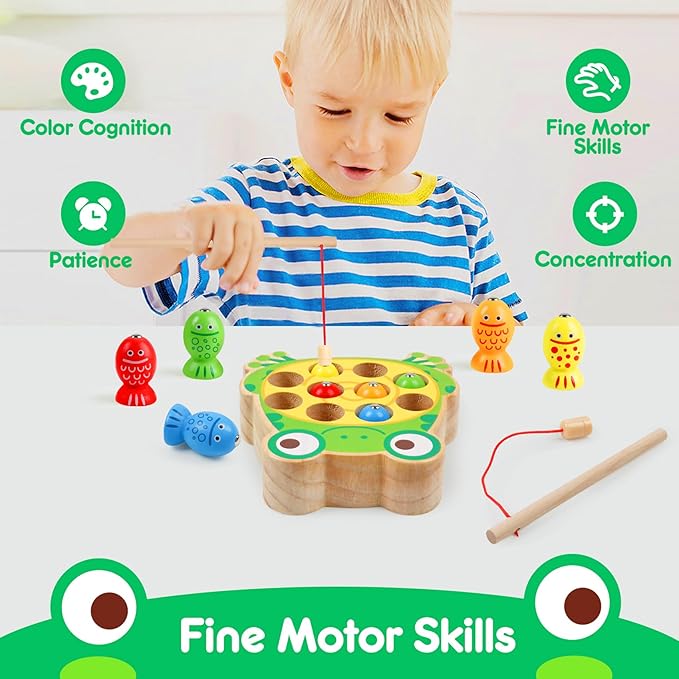 Magnetic Wooden Fishing Game Toys for Toddlers,Wooden Frog Magnets Fishing Learning Color Sorting Puzzle Montessori Preschool Educational Fine Motor Skills for 3 4 5 Years Old Boys Girls